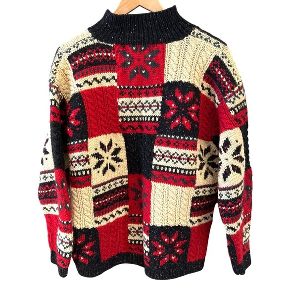 Vintage Jones New York Holiday Patchwork Snowflake Wool Sweater PM Hand Knit - Picture 2 of 4